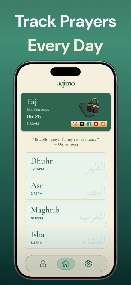 Aqimo showing Fajr prayer active with app blocking countdown