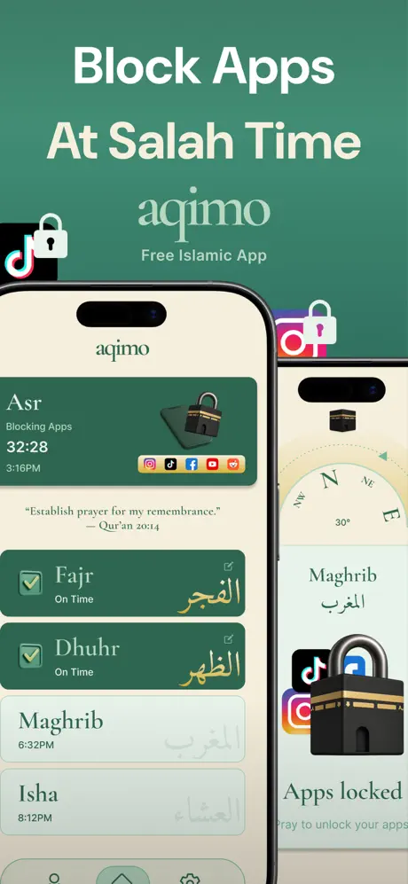 Aqimo app home screen showing prayer times and app blocking
