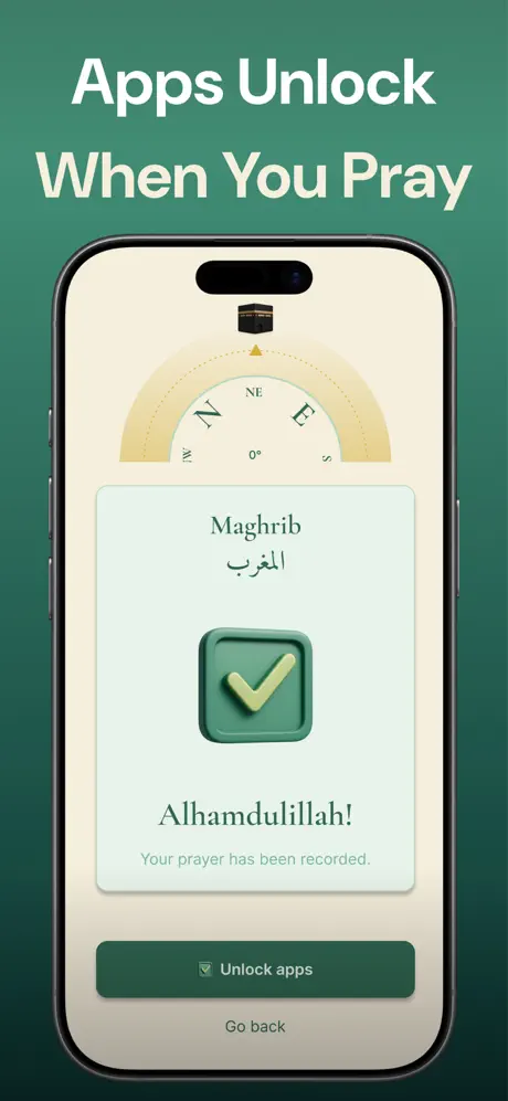 Aqimo prayer confirmation screen showing Alhamdulillah message