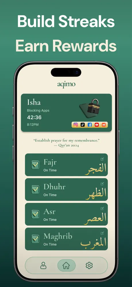 Aqimo showing all five daily prayers completed on time with streaks